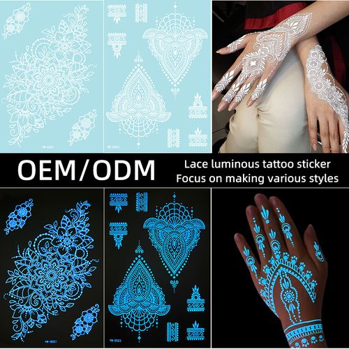 New Arrival Waterproof White Lace Luminous Temporary Henna Tattoo Sticker Body Art Decoration