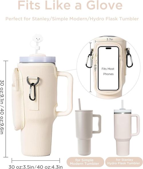 Water bottle bag 40 ounces (approximately 1134.0 grams) with phone bag, water bottle holder bag with adjustable shoulder strap, cup accessory suitable for hiking, travel and camping (beige)