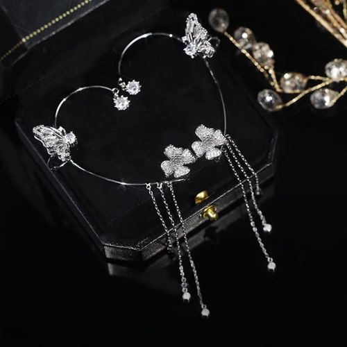 New long fringed ear pendant without ear holes - ultra-shiny, niche, ethereal fairy butterfly ear pendant with luxury diamond inlay (gold)