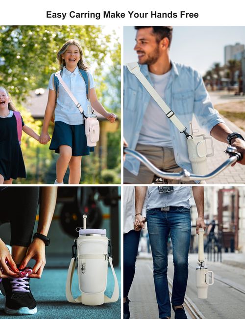 Water bottle bag 40 ounces (approximately 1134.0 grams) with phone bag, water bottle holder bag with adjustable shoulder strap, cup accessory suitable for hiking, travel and camping (beige)
