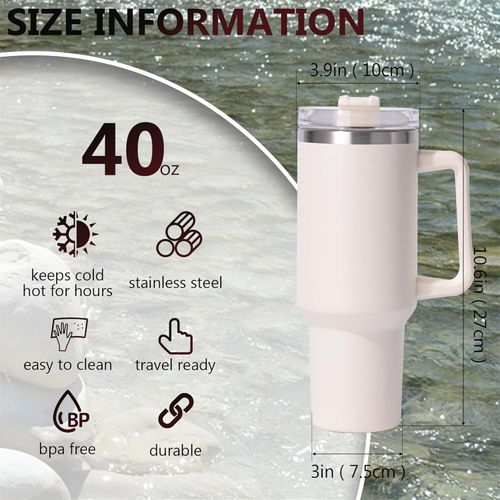 40 oz (approximately 1134.0 grams) flat bottomed cup with handle, straw, lid, stainless steel vacuum insulated water bottle adventure travel mug, suitable for iced coffee, hot and cold tea, beverages, with cloud proof straw cap cream white