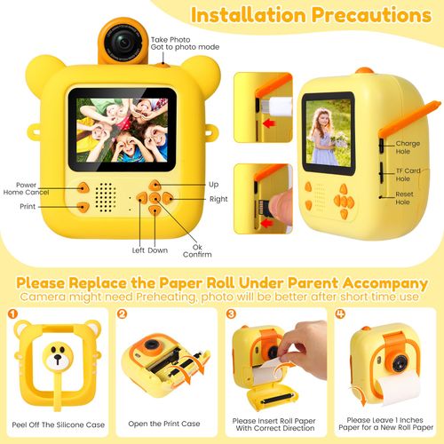 Children's camera instant printing 7 rolls of printing paper 2.4-inch screen instant camera, suitable for children aged 3-12, 1080P, 180 ° flip lens, 32GB TF card - Christmas and birthday gift suitable for boys and girls