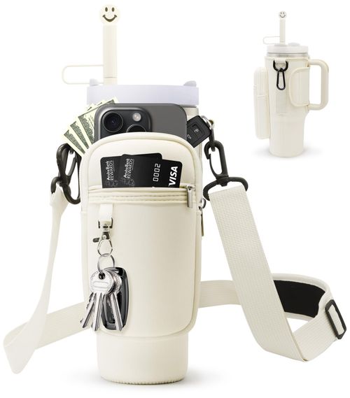 Water bottle bag 40 ounces (approximately 1134.0 grams) with phone bag, water bottle holder bag with adjustable shoulder strap, cup accessory suitable for hiking, travel and camping (beige)