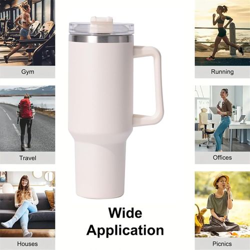 40 oz (approximately 1134.0 grams) flat bottomed cup with handle, straw, lid, stainless steel vacuum insulated water bottle adventure travel mug, suitable for iced coffee, hot and cold tea, beverages, with cloud proof straw cap cream white