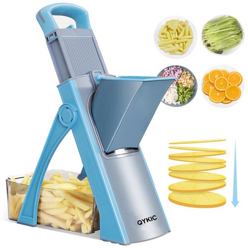 SupMaKin has upgraded the security Mandoline slicer Plus, an adjustable potato slicer, a vegetable shredder, a food slicer, a deep fryer knife, a vegetarian salad cutter, and a kitchen cutting tool. It is a gift (blue color).