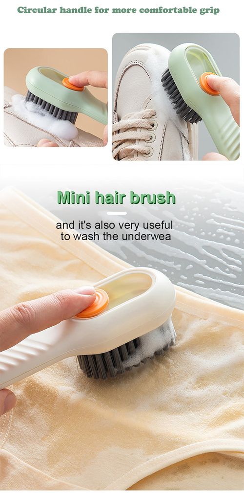 Multi tasking soft bristled brush - gently cleans shoes, laundry rooms, and home surfaces - no damage, easy to use, perfect for delicate items, green