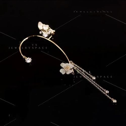 New long fringed ear pendant without ear holes - ultra-shiny, niche, ethereal fairy butterfly ear pendant with luxury diamond inlay (gold)