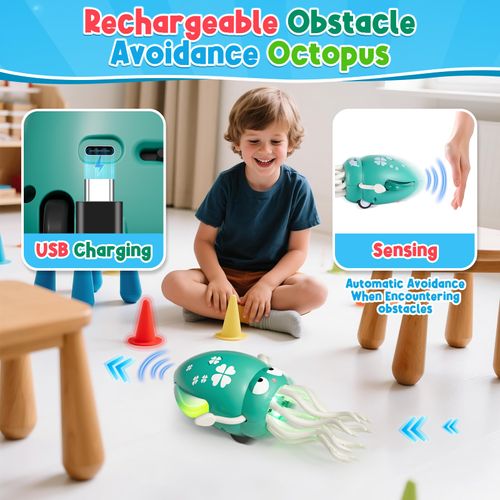 Dancing Octopus Baby Toy, Electric Crawling Octopus Prone Time Toy, Rechargeable Magic Dancing Music Squid Suitable for Children Aged 3, 4, 5, 6, Boys and Girls Birthday Gifts, Fun Squid Suitable for Office Desk Decoration
