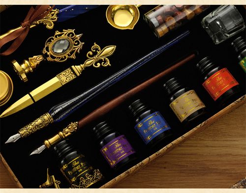 Classic Calligraphy Feather Pen Wax Ink Seal Stamp Set Vintage Wood Dip Pen 6Pcs Ink Bottles Gift for Students Adult Supplies
