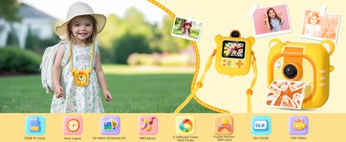 Children's camera instant printing 7 rolls of printing paper 2.4-inch screen instant camera, suitable for children aged 3-12, 1080P, 180 ° flip lens, 32GB TF card - Christmas and birthday gift suitable for boys and girls