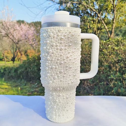 New Pearl Diamond Insulated Cup - 40oz, With Handle, Portable for Car Use - Stainless Steel Insulated Cup, Water Bottle
