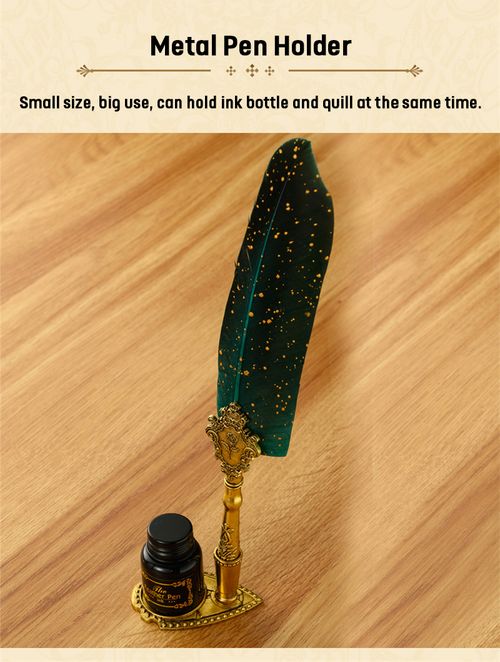 Classic Calligraphy Feather Pen Wax Ink Seal Stamp Set Vintage Wood Dip Pen 6Pcs Ink Bottles Gift for Students Adult Supplies