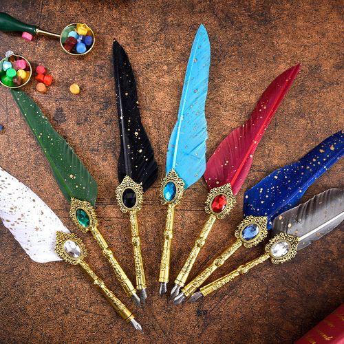 Classic Calligraphy Feather Pen Wax Ink Seal Stamp Set Vintage Wood Dip Pen 6Pcs Ink Bottles Gift for Students Adult Supplies