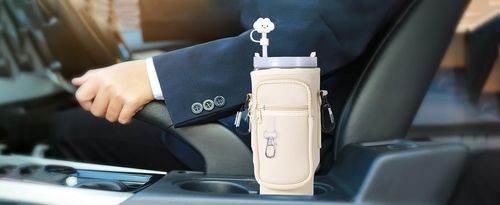 Water bottle bag 40 ounces (approximately 1134.0 grams) with phone bag, water bottle holder bag with adjustable shoulder strap, cup accessory suitable for hiking, travel and camping (beige)
