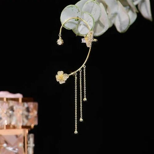 New long fringed ear pendant without ear holes - ultra-shiny, niche, ethereal fairy butterfly ear pendant with luxury diamond inlay (gold)