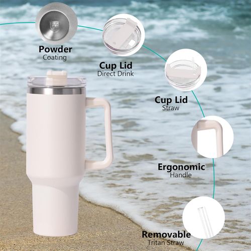 40 oz (approximately 1134.0 grams) flat bottomed cup with handle, straw, lid, stainless steel vacuum insulated water bottle adventure travel mug, suitable for iced coffee, hot and cold tea, beverages, with cloud proof straw cap cream white