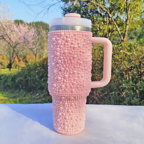 New Pearl Diamond Insulated Cup - 40oz, With Handle, Portable for Car Use - Stainless Steel Insulated Cup, Water Bottle