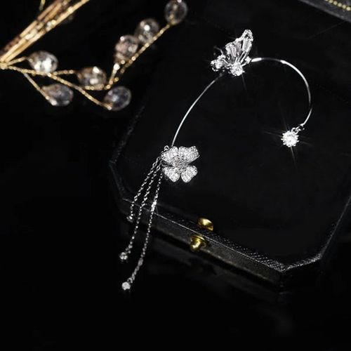New long fringed ear pendant without ear holes - ultra-shiny, niche, ethereal fairy butterfly ear pendant with luxury diamond inlay (gold)