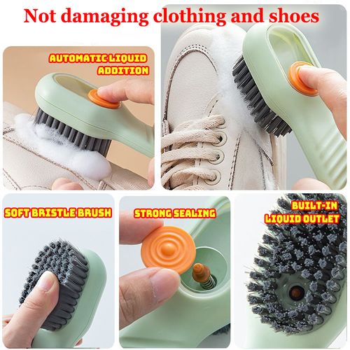 Multi tasking soft bristled brush - gently cleans shoes, laundry rooms, and home surfaces - no damage, easy to use, perfect for delicate items, green