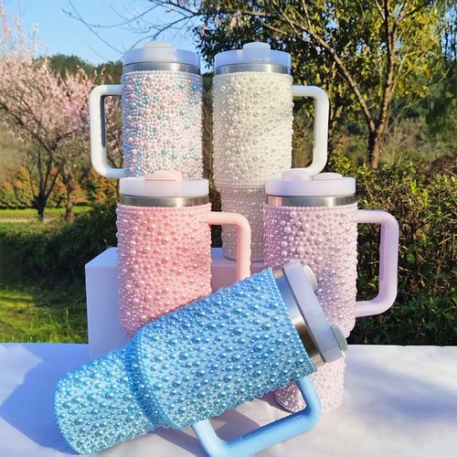 New Pearl Diamond Insulated Cup - 40oz, With Handle, Portable for Car Use - Stainless Steel Insulated Cup, Water Bottle