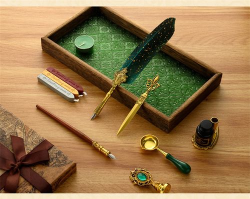 Classic Calligraphy Feather Pen Wax Ink Seal Stamp Set Vintage Wood Dip Pen 6Pcs Ink Bottles Gift for Students Adult Supplies