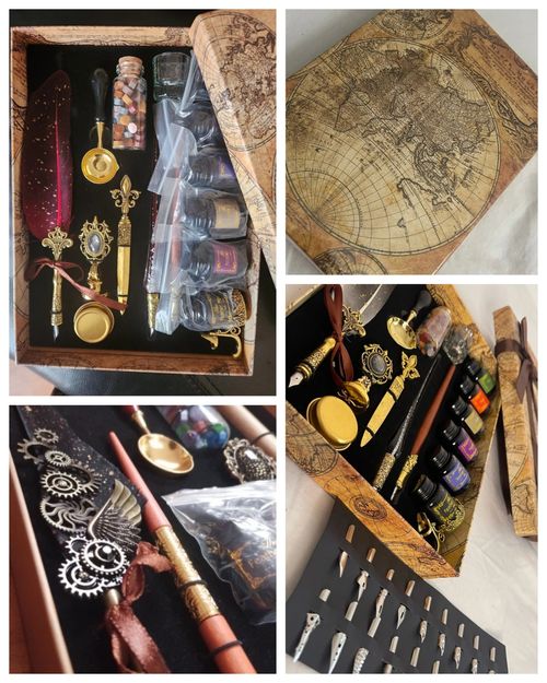 Classic Calligraphy Feather Pen Wax Ink Seal Stamp Set Vintage Wood Dip Pen 6Pcs Ink Bottles Gift for Students Adult Supplies