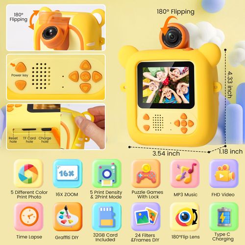 Children's camera instant printing 7 rolls of printing paper 2.4-inch screen instant camera, suitable for children aged 3-12, 1080P, 180 ° flip lens, 32GB TF card - Christmas and birthday gift suitable for boys and girls