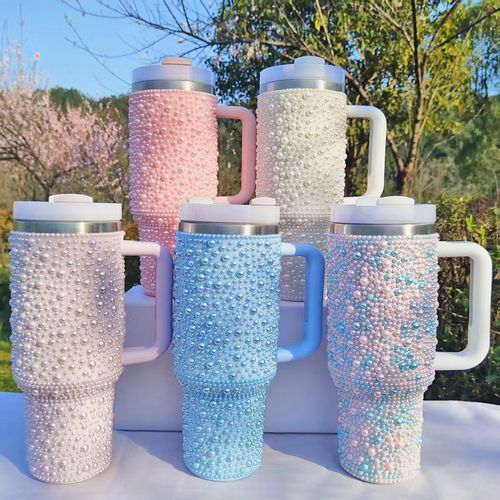 New Pearl Diamond Insulated Cup - 40oz, With Handle, Portable for Car Use - Stainless Steel Insulated Cup, Water Bottle