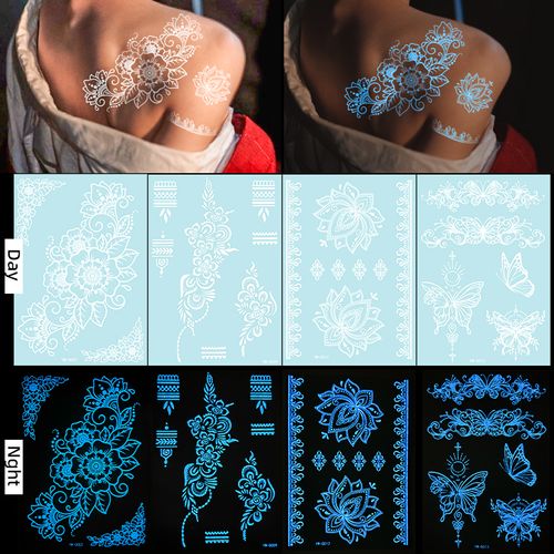 New Arrival Waterproof White Lace Luminous Temporary Henna Tattoo Sticker Body Art Decoration