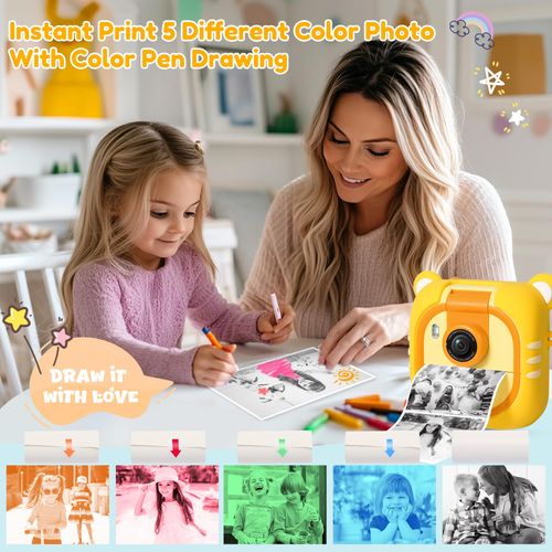 Children's camera instant printing 7 rolls of printing paper 2.4-inch screen instant camera, suitable for children aged 3-12, 1080P, 180 ° flip lens, 32GB TF card - Christmas and birthday gift suitable for boys and girls