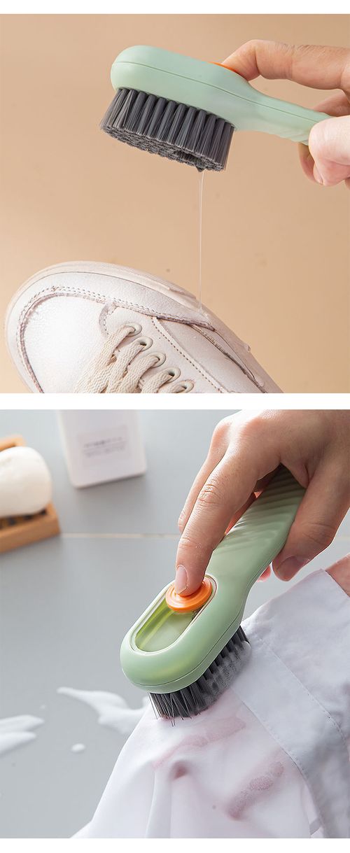Multi tasking soft bristled brush - gently cleans shoes, laundry rooms, and home surfaces - no damage, easy to use, perfect for delicate items, green