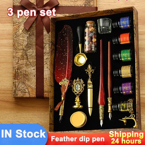 Classic Calligraphy Feather Pen Wax Ink Seal Stamp Set Vintage Wood Dip Pen 6Pcs Ink Bottles Gift for Students Adult Supplies