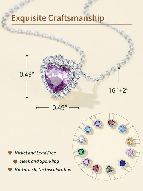 Exquisite heart-shaped birthstone necklace, suitable for mother, girl or lady. Platinum-plated square crystal zirconium pendant with a shining halo as a birthday, anniversary or Valentine's Day gift.
