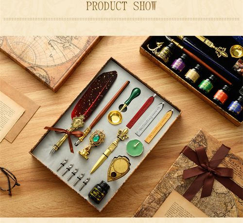 Classic Calligraphy Feather Pen Wax Ink Seal Stamp Set Vintage Wood Dip Pen 6Pcs Ink Bottles Gift for Students Adult Supplies