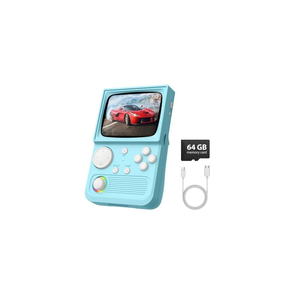 R36T Retro Gaming Console, 3.5''IPS Screen CRT-Inspired, Handheld Game Console 64GB with 18000+ Classic Games Supports WiFi Networked Fighting and OTG, 3500mAh Battery,with Portable Case(Blue 128GB)