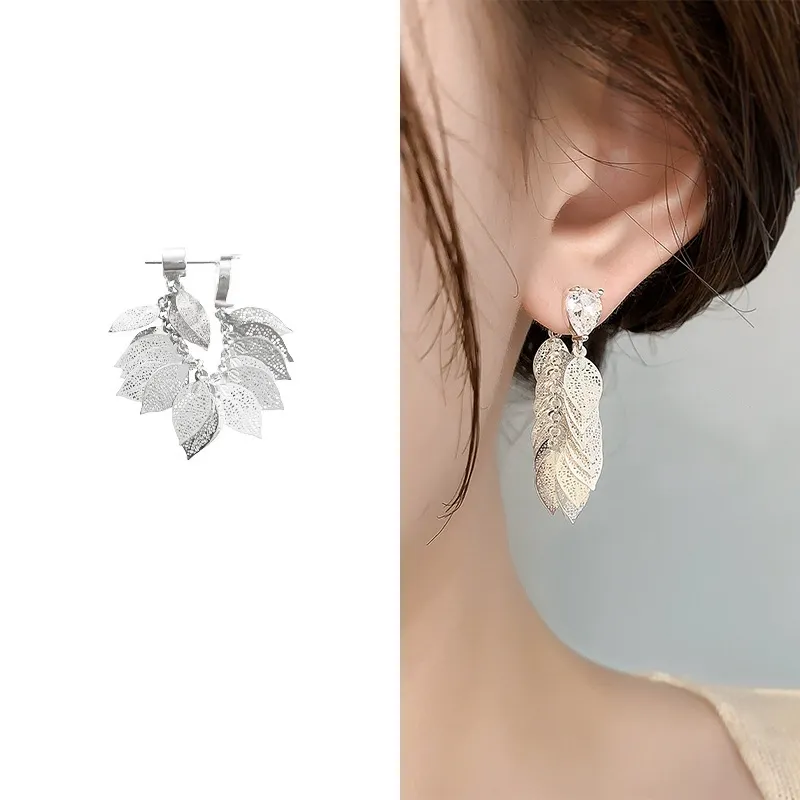 Vintage Leaf Earrings with Silver Plating and Fringe Design