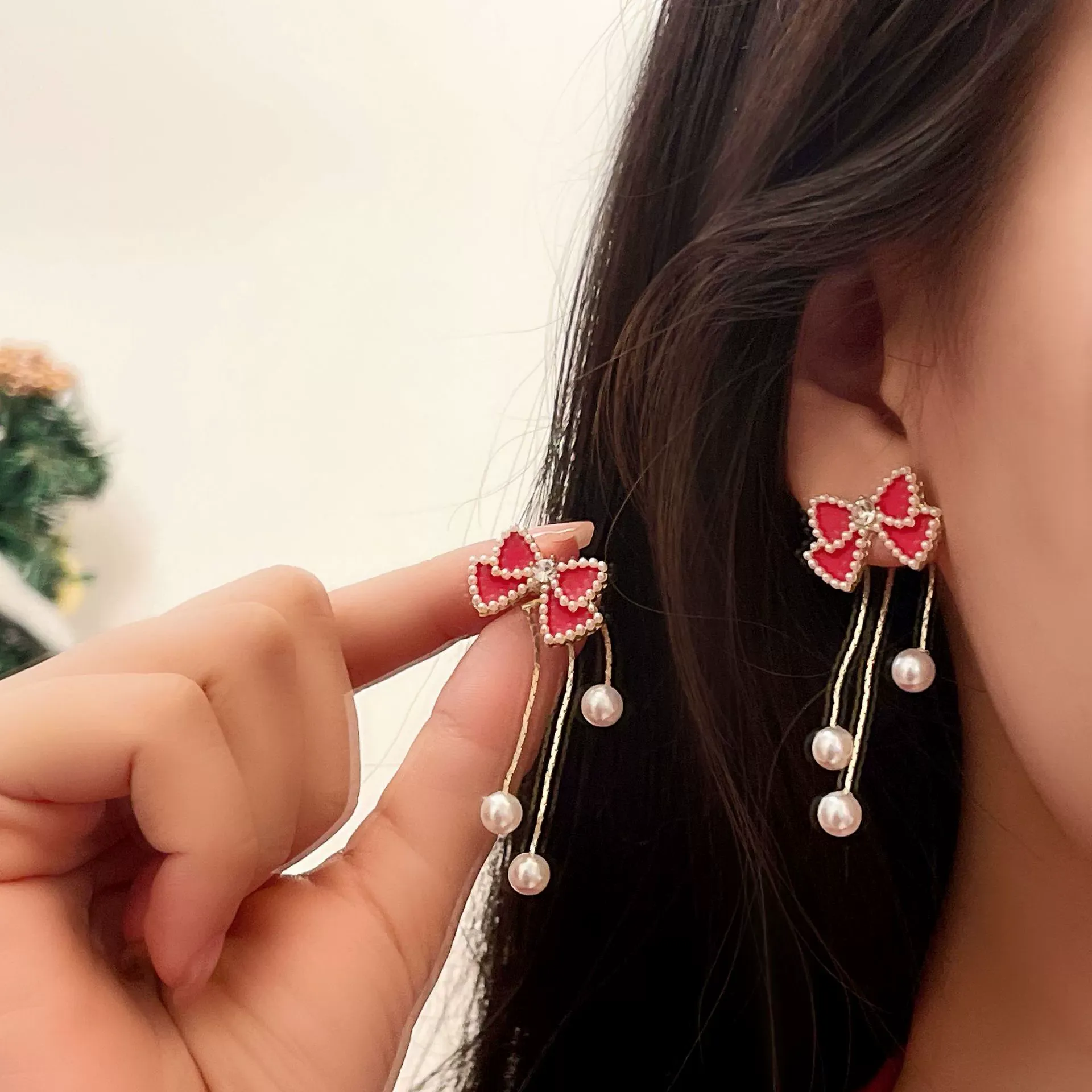New Red Bow Pearl Earrings for Women – Chic and Elegant Studs with Unique Boutique Design