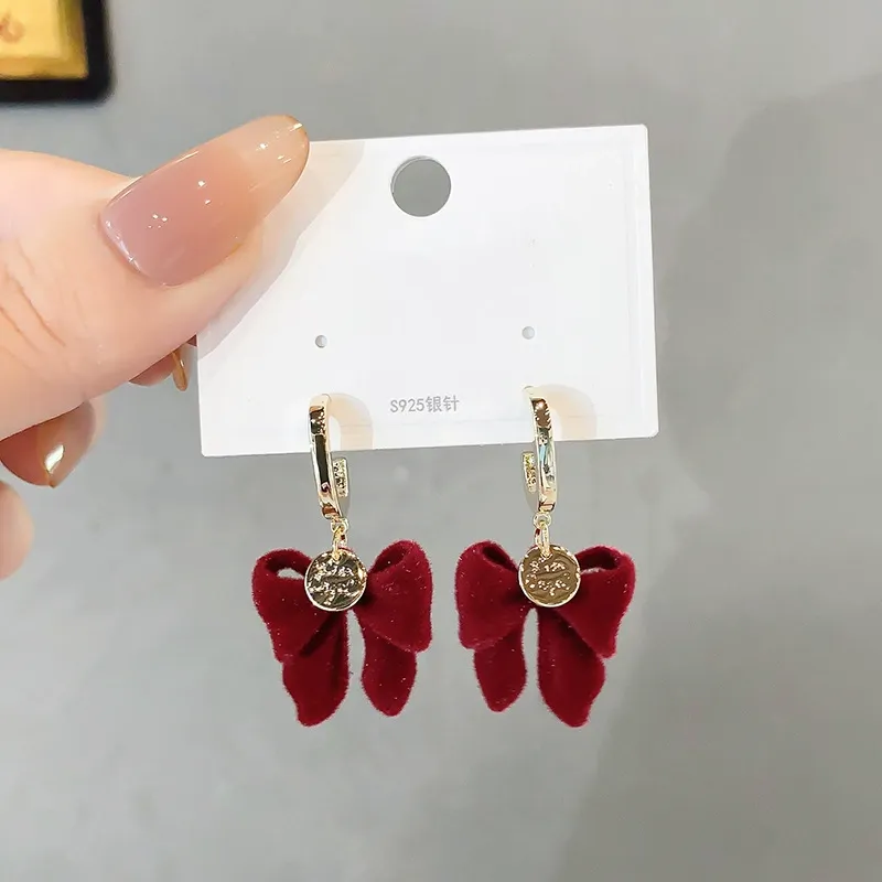 Red Plush Bow Earrings for Women – Elegant Drop Earrings with Unique Boutique Design, New Hot-Selling Style