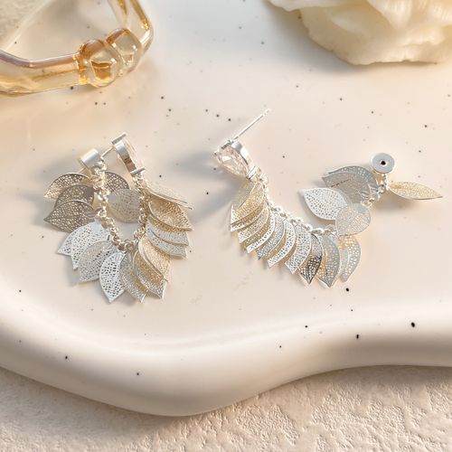 Vintage Leaf Earrings with Silver Plating and Fringe Design