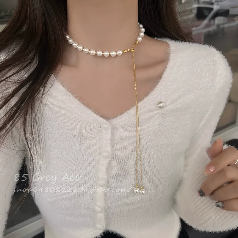 Parisian Glide Pearl Choker | Petit Pavé Chain w丨Curated Drop - Sculptural Décolleté