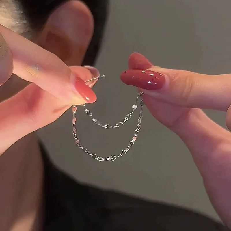 Tassel Double-Layer Chain Earrings for Women – Slimming Front-Back Design with Light Luxury and Elegant Style