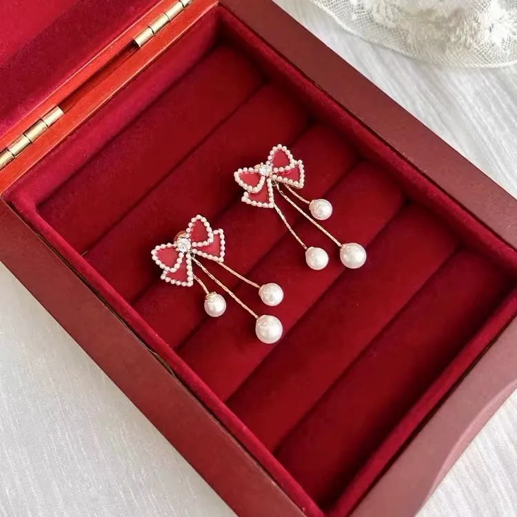New Red Bow Pearl Earrings for Women – Chic and Elegant Studs with Unique Boutique Design