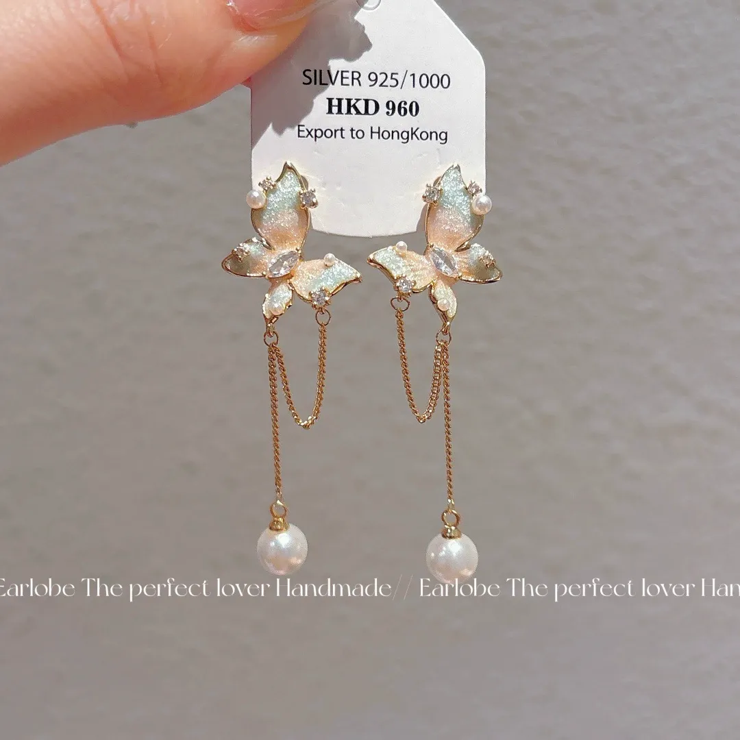Enamel Butterfly Pearl Tassel Stud Earrings for Women – Micro-Paved Design with Elegant Light Luxury and Premium Feel