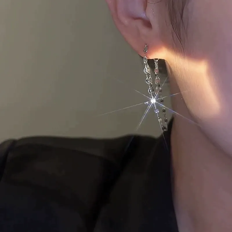 Tassel Double-Layer Chain Earrings for Women – Slimming Front-Back Design with Light Luxury and Elegant Style