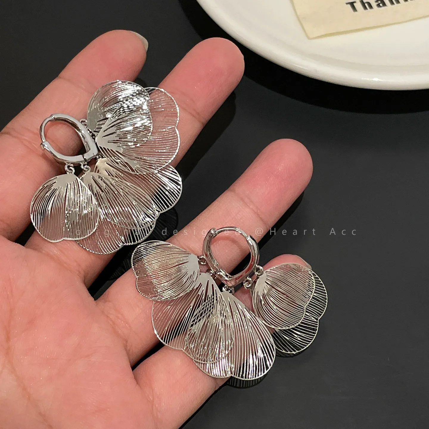 Hollow Butterfly Wing Tassel Silver Petal Clip-On Earrings