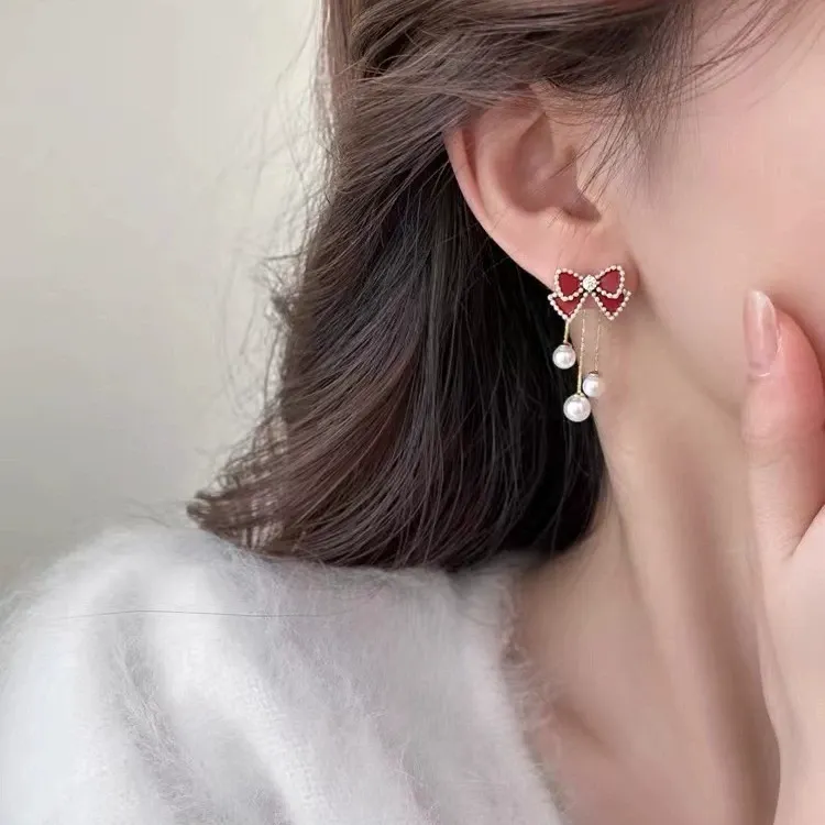New Red Bow Pearl Earrings for Women – Chic and Elegant Studs with Unique Boutique Design
