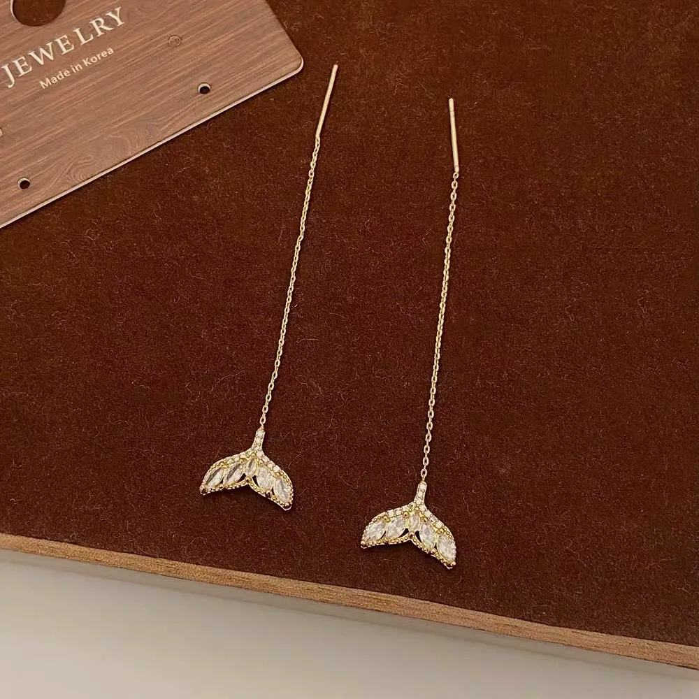 Hot‑Selling Micro‑Paved Zircon Fish‑Tail Threader Earrings for Women – Minimalist Fashion Light Luxury Style