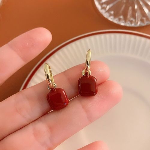 Wine Red Cube Drop Earrings | Convertible Clip,Post Hook Backs