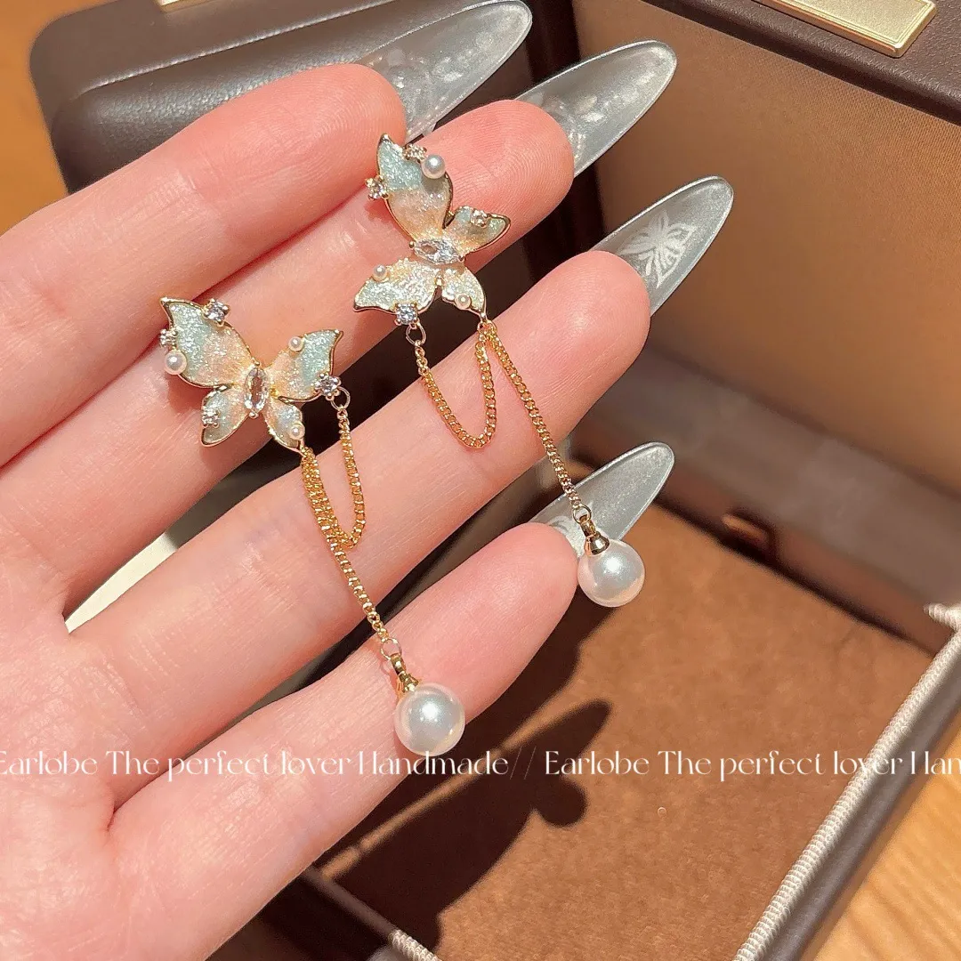 Enamel Butterfly Pearl Tassel Stud Earrings for Women – Micro-Paved Design with Elegant Light Luxury and Premium Feel