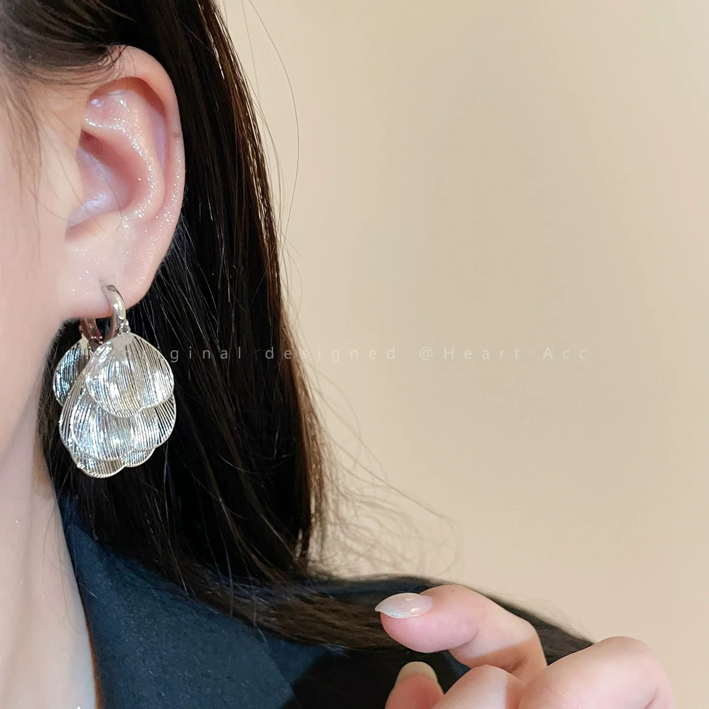 Hollow Butterfly Wing Tassel Silver Petal Clip-On Earrings